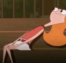 a cartoon character is sitting on a bench with her legs crossed and looking at something