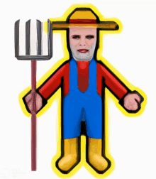 a drawing of a man in overalls holding a pitchfork with a yellow border