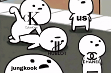 a group of cartoon characters with logos on their faces including calvin klein hublot jungkook and chanel