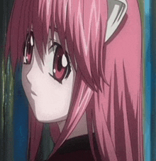 a close up of a girl with pink hair and red eyes looking at the camera .