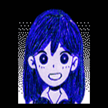 a cartoon girl with blue hair is smiling in a pixelated image .