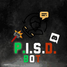 a logo for p.i.s.d. bot with a hammer and a person on a phone