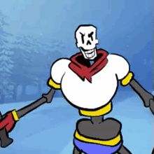 papyrus is a cartoon character with a skull on his head and arms .