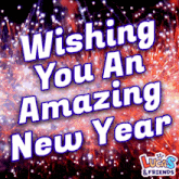 lucas and friends wishing you an amazing new year with fireworks in the background