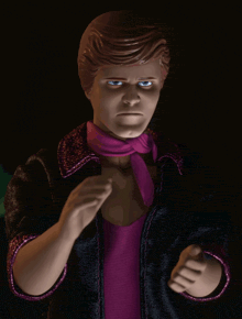 a doll with a purple scarf around his neck and a black jacket