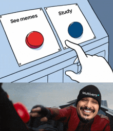 a cartoon of a person pressing a button that says see memes and study