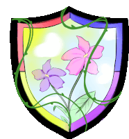 a rainbow colored shield with purple and pink flowers