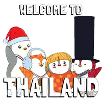 a welcome to thailand poster with penguins in santa hats