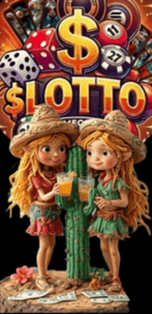 two little girls standing next to a cactus in front of a sign that says sloto