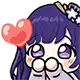 a cartoon girl with purple hair is holding a red heart in her mouth .