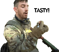 a man in a military uniform is holding a piece of food and the word tasty is above him