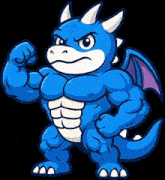 a cartoon illustration of a very muscular blue dragon with horns and wings flexing his muscles .