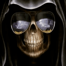 a grim reaper wearing sunglasses and a black hood .