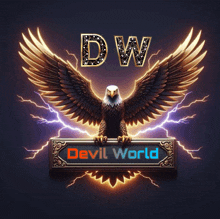 a devil world logo with a bald eagle on it