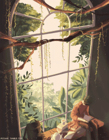 a painting of a person sitting in front of a window with the website mienar.tumblr.com written below it