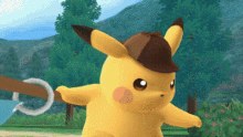 a pikachu wearing a detective hat is holding a fishing hook