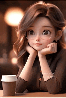 a girl with glasses is sitting at a table with her head resting on her hand and a cup of coffee .