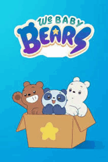 three baby bears are sitting in a cardboard box on a blue background .