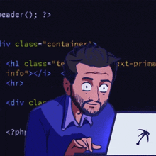 a cartoon of a man looking at a computer screen with php written in the corner