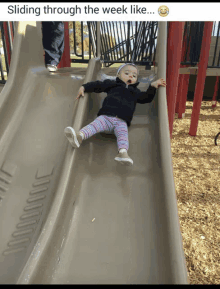 a baby is sliding down a slide with a caption that says sliding through the week like