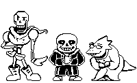 papyrus , sans , and alphys are standing next to each other in a pixel art .