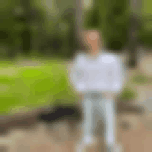 a blurry picture of a man standing in front of a green field .