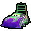 a green and purple toy car from cars is sitting on a white background .