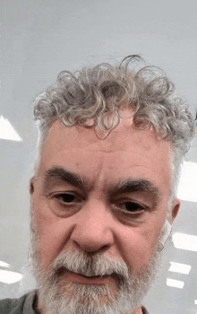 a man with curly hair and a beard is wearing a pair of ear buds