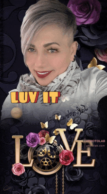 a woman with a shaved head is surrounded by flowers and the words love