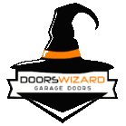 the logo for doorswizard garage doors shows a witch 's hat with an orange ribbon around it .