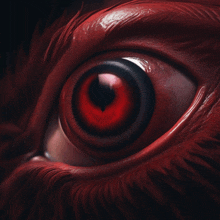 a close up of a red eye with feathers