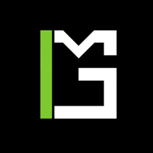 a white and green logo with the letter g on a black background