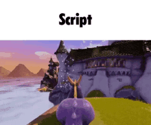 a purple dragon is standing in front of a castle in a video game called script