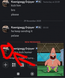 a screenshot of a conversation between koenigsegg and patrick star