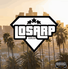 a logo for losarp with a city skyline in the background