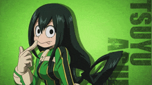 a cartoon character with the name tsuyu on the bottom left