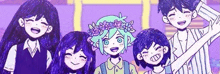 a group of anime characters are standing next to each other and smiling . one of the characters is wearing a flower crown .