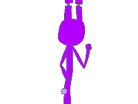 a purple cartoon character is standing upside down .