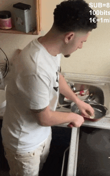 a man in a white shirt is preparing food in a kitchen with a sign that says sub = 8 100bits