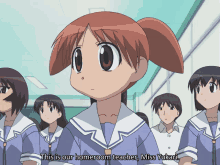 a group of anime characters are standing in a hallway with the words this is our homeroom teacher miss yukari