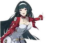 a girl with long black hair and red gloves is pointing up