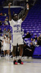 a man wearing a weber state jersey stands on a basketball court with his arms in the air