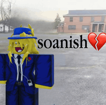 a cartoon character with a broken heart and the word soanish