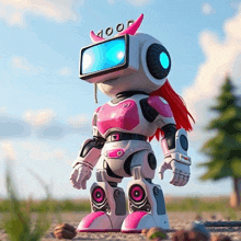 a pink and white robot with horns on its head has the word hoop on its head