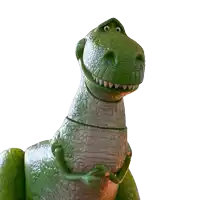 a toy dinosaur from toy story is smiling and looking up