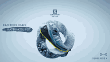 an advertisement for salomon sense ride 4 shows a blue shoe