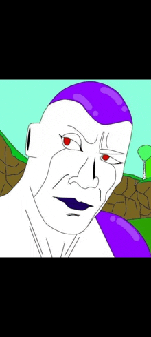 a cartoon drawing of a man with a purple hair and red eyes .