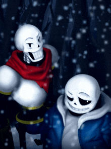 two skeletons standing next to each other in a snowy forest