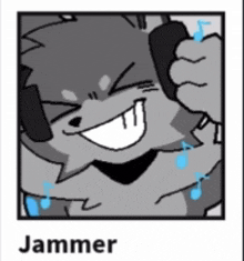 a cartoon of a wolf wearing headphones and smiling with the name jammer below it