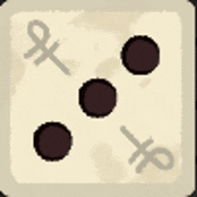 a pixel art drawing of a dice with three circles and a cross on it .